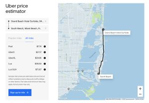 Uber price estimate for a ride from Grand Beach Hotel Surfside to South Beach in Miami Beach, Florida