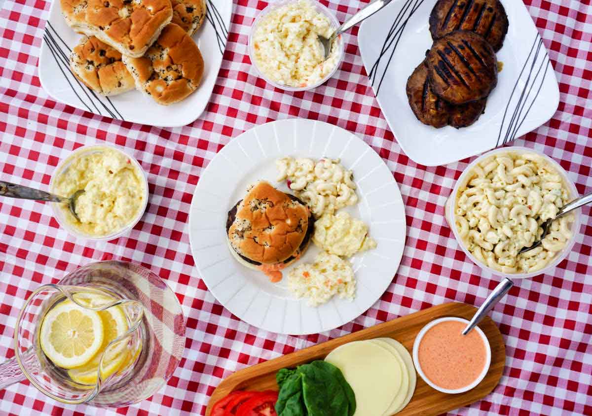 Meatless BBQ with portobello mushroom burgers and Reser's Fine Foods deli salads