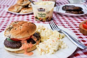 Meatless Barbecue: Vegetarian Portobello Mushroom Burger with Reser's Original Potato Salad and other deli salads