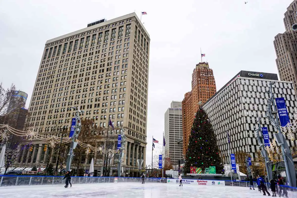 Ice skating at Campus Martius Park in Detroit, Michigan