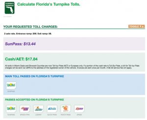 Florida Turnpike toll charge estimate for Orlando to Fort Lauderdale, Florida