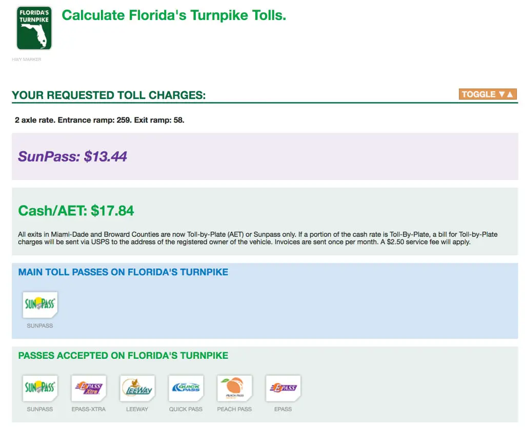 Florida Turnpike toll charge estimate for Orlando to Fort Lauderdale, Florida