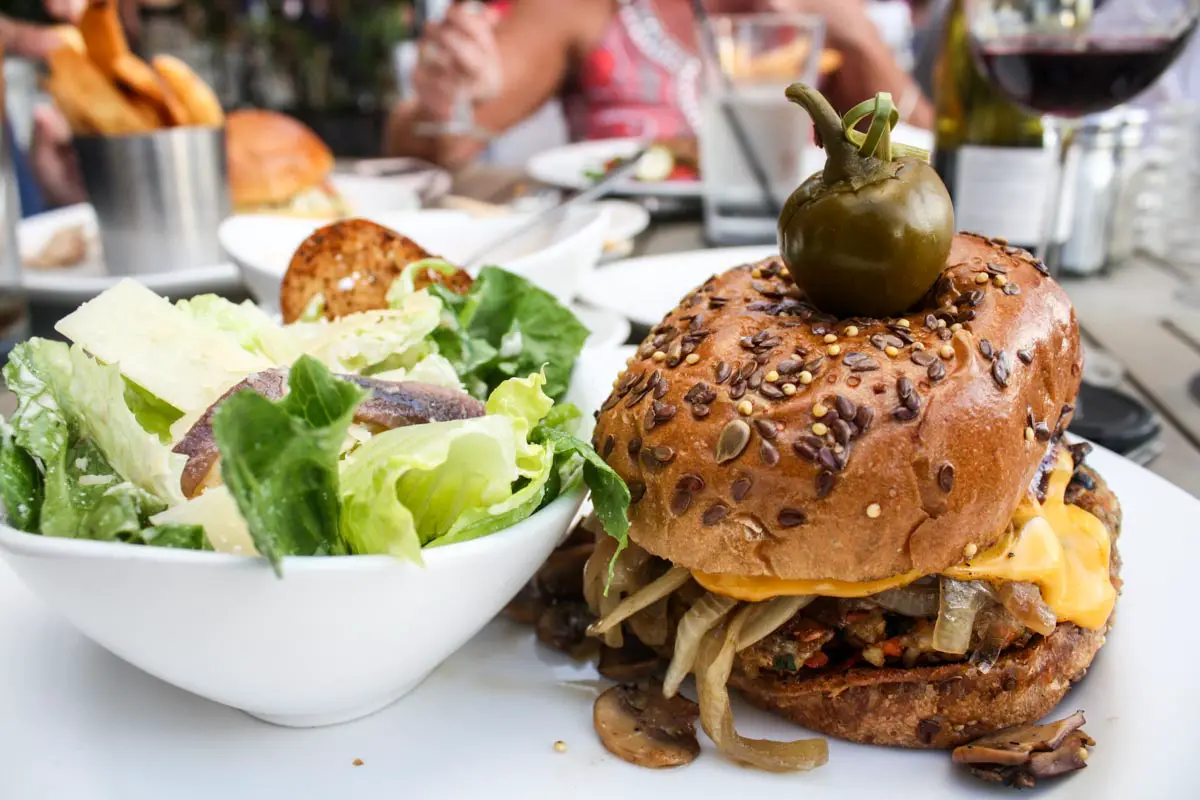 Veggie burger with Caesar side salad at Shooters Waterfront in Fort Lauderdale, Florida