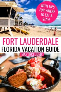 Fort Lauderdale Florida Vacation Guide collage with Fort Lauderdale beach lifeguard station and key lime doughnut holes dessert at Boatyard Fort Lauderdale restaurant