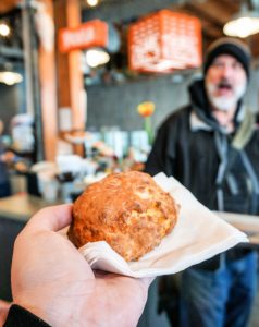 A cheesy Southern-style biscuit from Honest Biscuit at Pike Place Market in Seattle