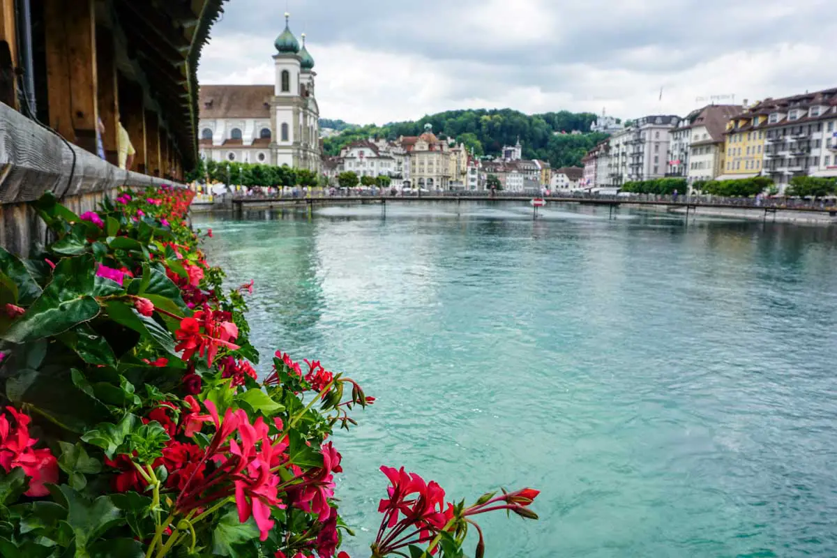 View over river with Swiss city of Lucerne in background and flowers in foreground