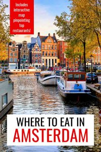 Where to eat in Amsterdam pin with Dancing Houses and canal background