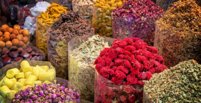 Colorful piles of spices in Dubai souks, United Arab Emirates