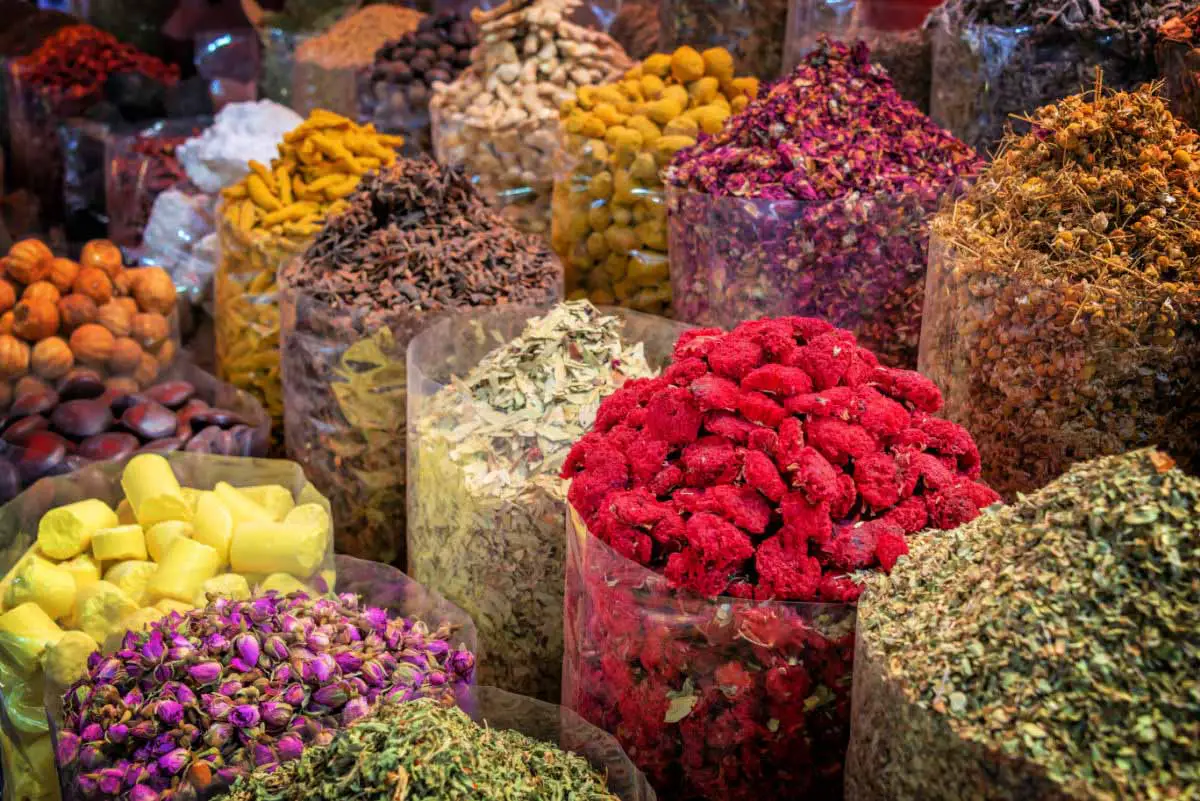 Colorful piles of spices in Dubai souks, United Arab Emirates