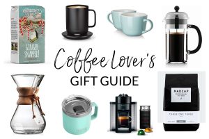 Coffee Lover's Gift Guide: Kalamazoo Coffee Co Ginger Snapped coffee bag, smart mug, aqua-colored oversize mugs in set of 2, French press, Madcap Three One Three coffee bag, Nespresso machine with milk frother, aqua-colored Yeti camper mug, and Chemex pour-over coffee maker