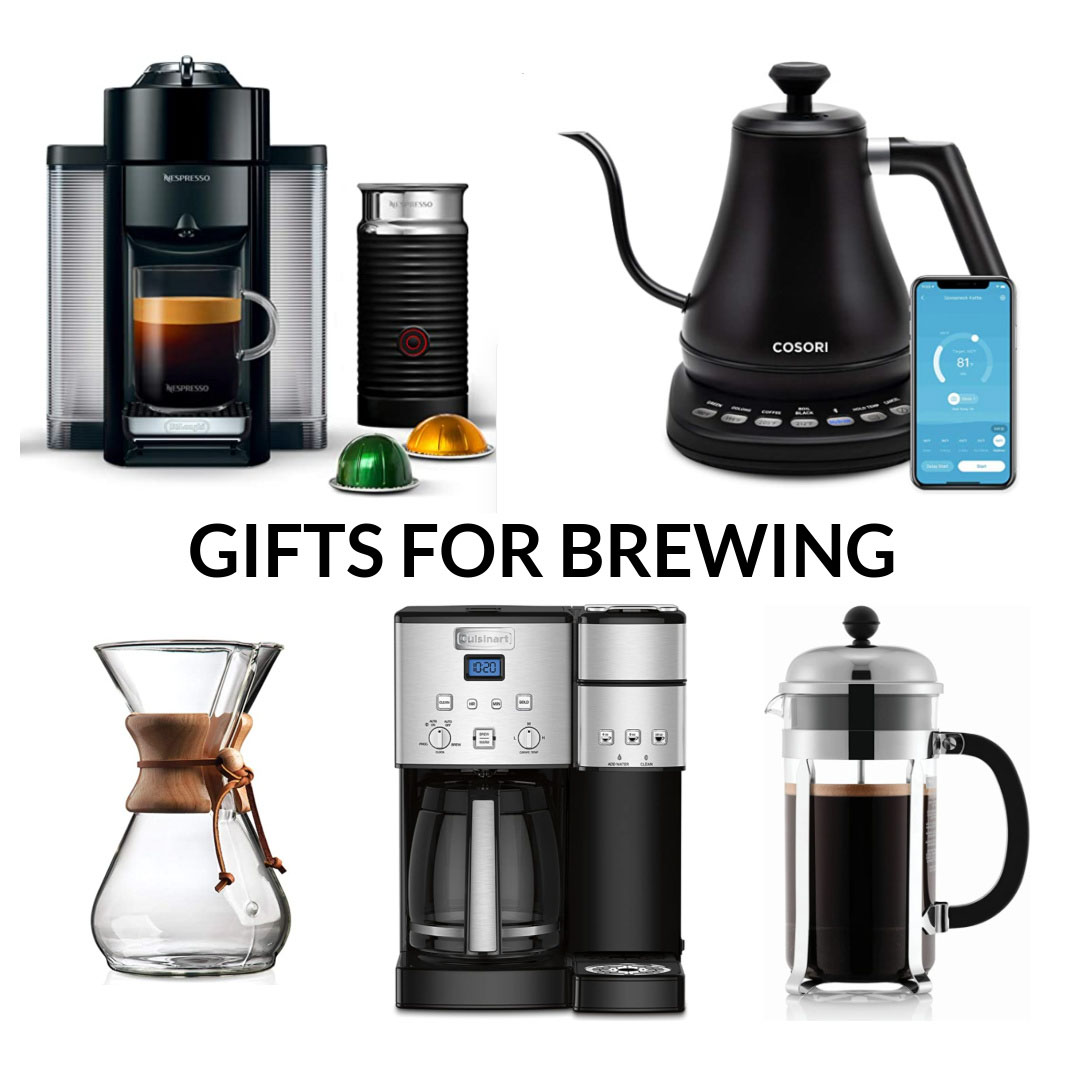 At-home coffee brewing equipment including Nespresso coffee and espresso maker, an electric kettle, a Chemex, a Cuisinart Coffee Center, and a French Press