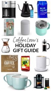 Coffee Lover's Holiday Gift Guide with collage of home brewing equipment, coffee mugs, and seasonally coffee blends from Michigan coffee roasters