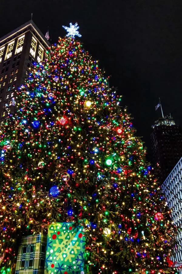 Detroit tree lit up at Christmastime at Campus Martius Park in downtown Detroit
