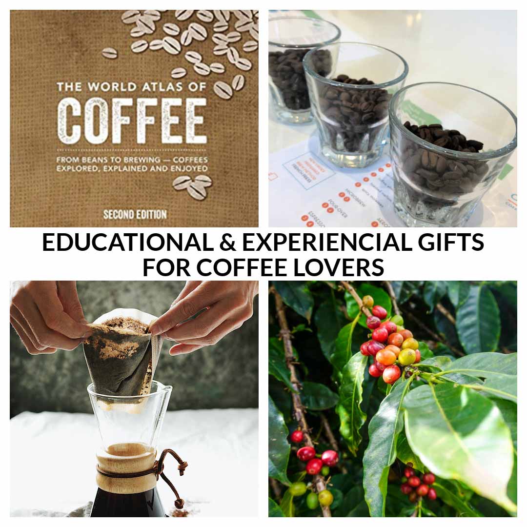 Educational coffee gifts include coffee reference book, coffee beans from tasting experience, coffee berries during coffee farm tour, and brewing coffee in Chemex during virtual learning course