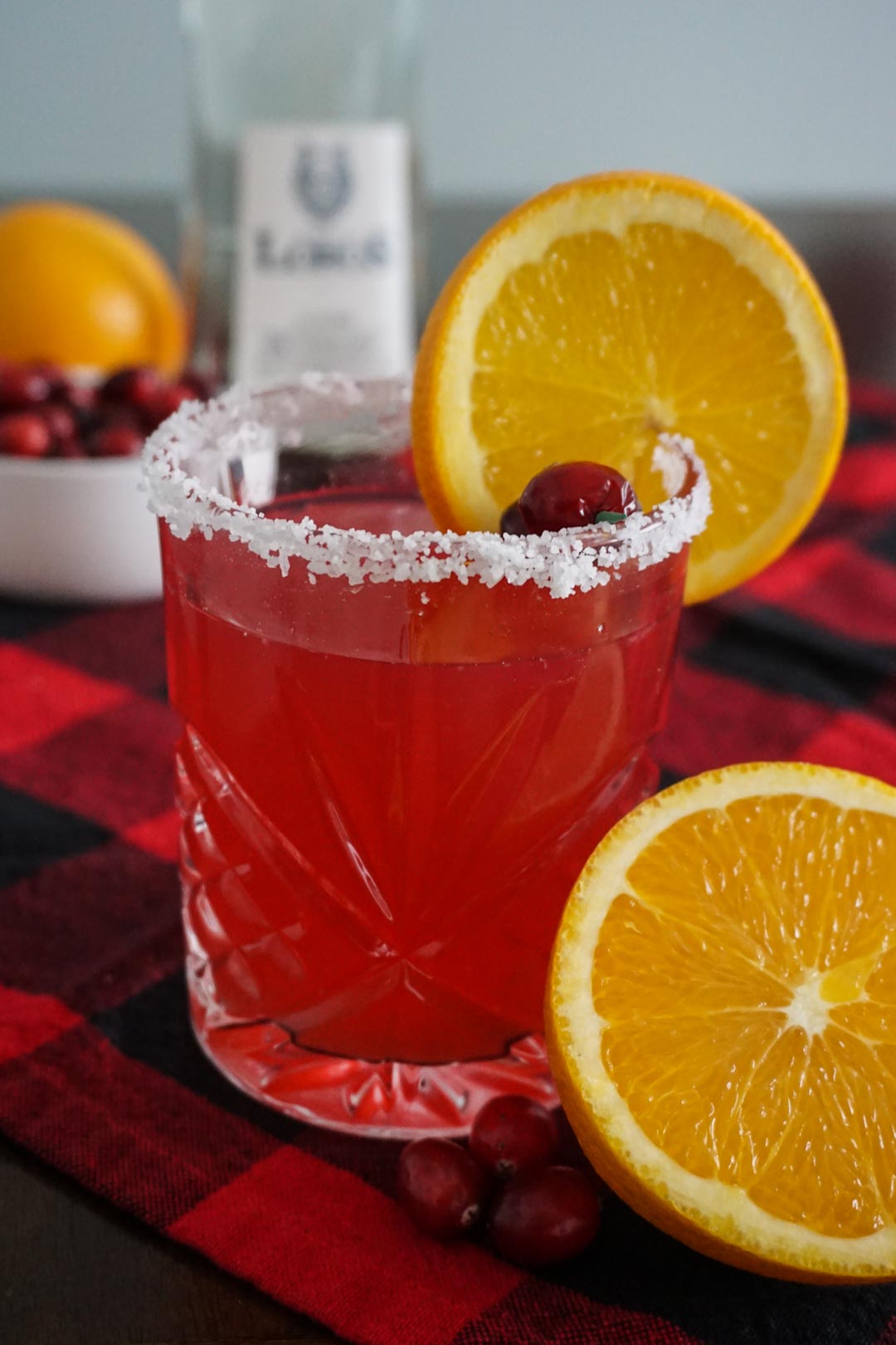 Cranberry orange margarita in salt rimmed double old fashioned glass with sliced orange and fresh cranberry garnish