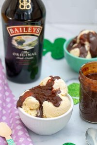Baileys Irish Cream ice cream topped with Baileys hot fudge sauce