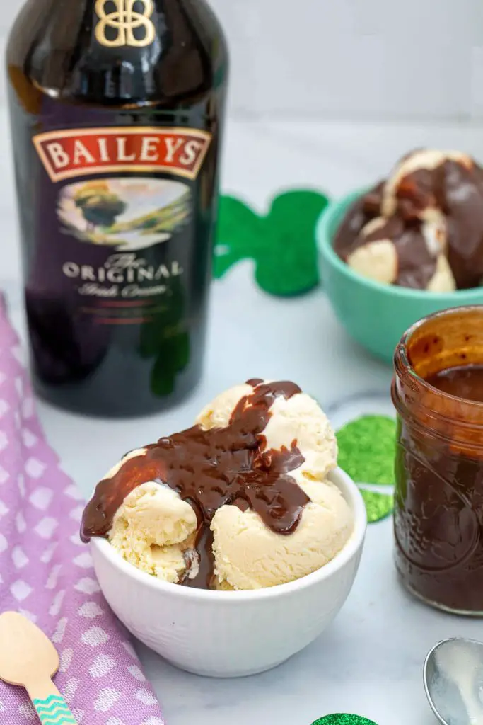 Baileys Irish Cream ice cream topped with Baileys hot fudge sauce