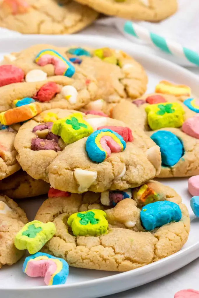 Lucky Charm Cookies stacked on a plate