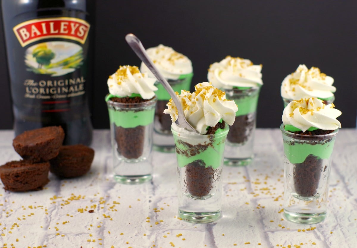 Green St. Patrick's Day dessert shooters with brownie bites and Baileys Irish Cream