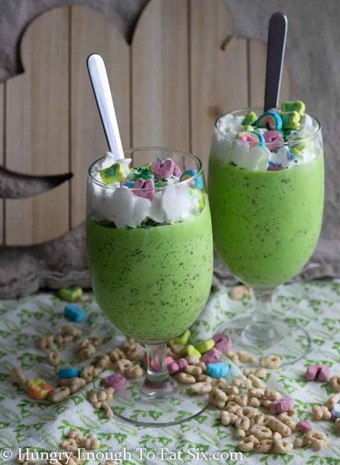 St. Patrick's Day lucky green milkshakes with Lucky Charms cereal