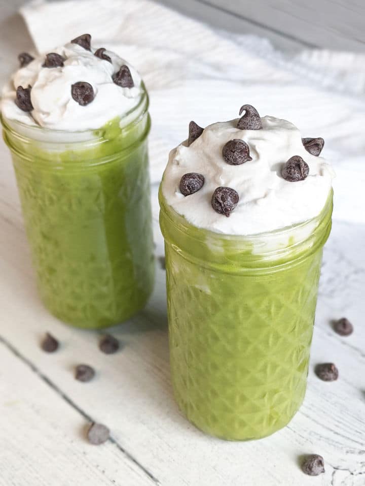 Green vegan "shamrock" milkshakes with dairy-free chocolate chips