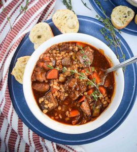 Bowl of beef and barley stew