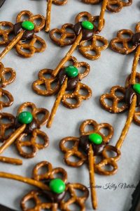 Pretzel shamrocks with green M&M candies