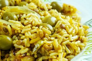 Close-up of arroz con gandules, a Puerto Rican dish of rice and pigeon peas