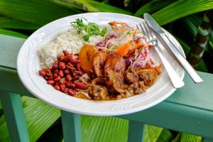 White plate of casado, Costa Rica's national dish, with rice, red beans, meat, ripe plantains, and salad with fork and knife on a green railing with green plants in background