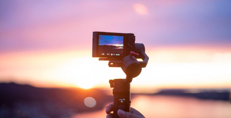 Camera on a stabilizer records a beautiful view at twilight