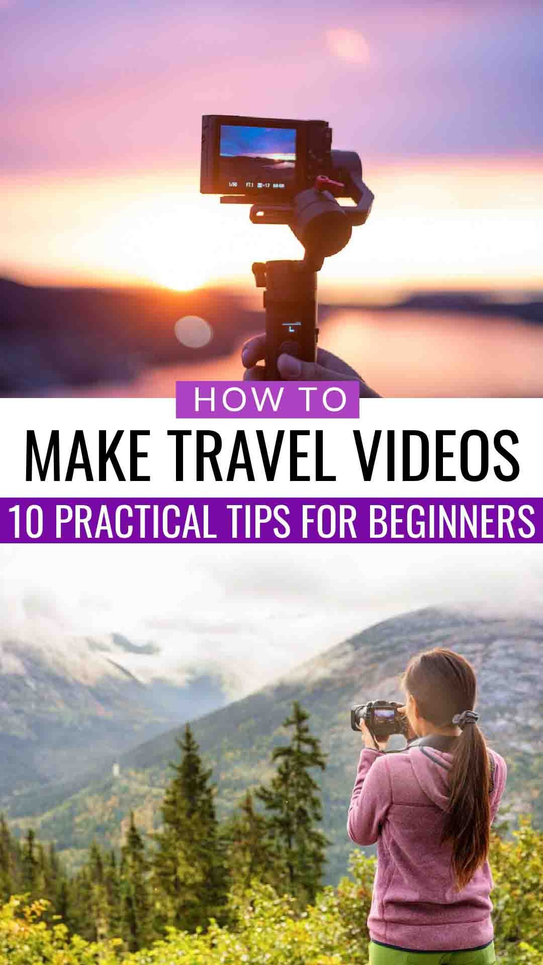 How to make travel videos collage with camera on stabilizer capturing coloful sky at twilight and photo of woman recording Alaskan mountain landscape with camera