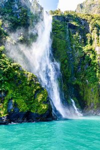 Waterfall in Milford Sound, Fijordland National Park, South Island, New Zealand