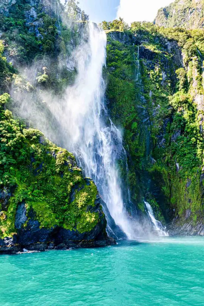 Waterfall in Milford Sound, Fijordland National Park, South Island, New Zealand