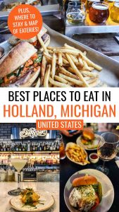 Best places to live in Holland, Michigan, United States collage with photos of bahn mi sandwich and craft beer flight at New Holland Brewing Co, burger and fries at Waverly Stone Gastropub, and lobster rangoon and cocktail at Seventy-Six