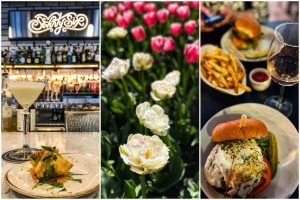 Holland, Michigan, collage with Seventy-Six restaurant, tulips, and meal of burgers and fries at Waverly Stone Gastropub