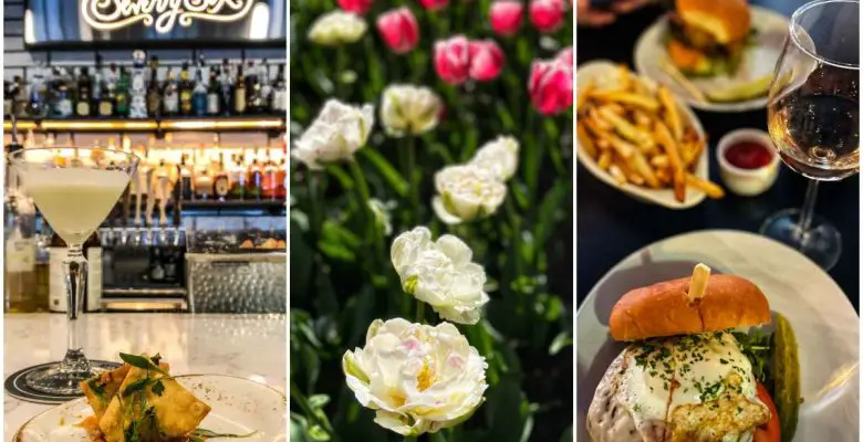 Holland, Michigan, collage with Seventy-Six restaurant, tulips, and meal of burgers and fries at Waverly Stone Gastropub
