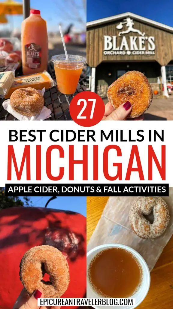 27 best cider mills in Michigan for apple cider, donuts, and fall activities with images of apple cider and cinnamon sugar doughnuts at two Michigan cider mills