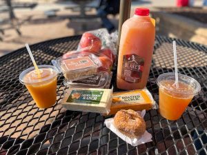 Spread of apple cider, frozen apple cider slushie, cinnamon sugar doughnuts, assorted cheeses, fudge, and fresh apples at Blake's Orchard & Cider Mill