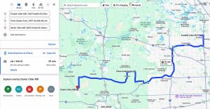 Map of driving route to Michigan cider mills in western Metro Detroit and Ann Arbor area