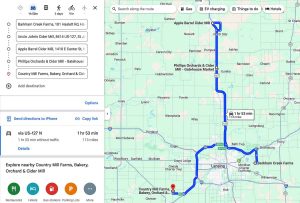Map of driving route to Mid-Michigan cider mills