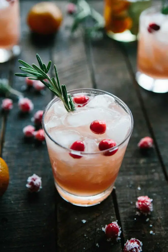 Cranberry, clementine, and rosemary vodka cocktail in a rustic, festive setting