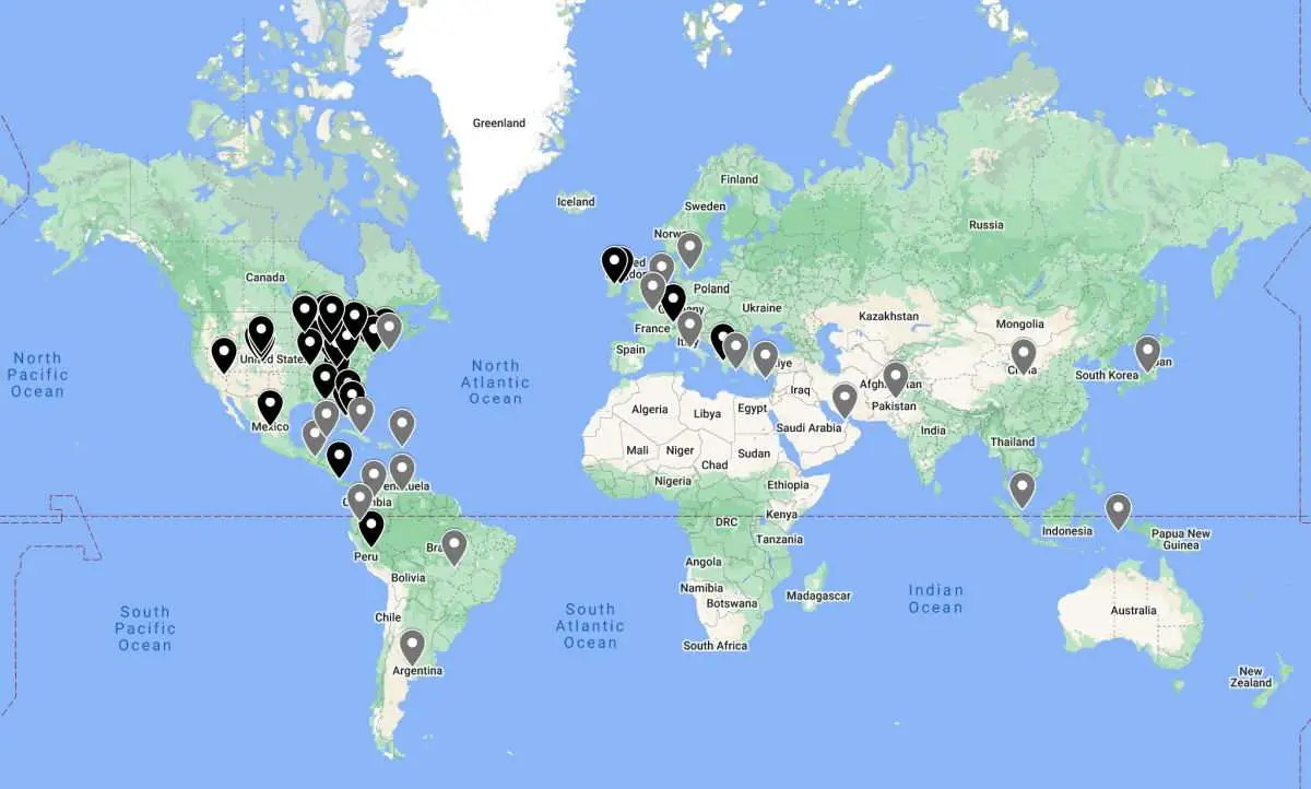 World map with markers of destinations covered on EpicureanTravelerBlog.com