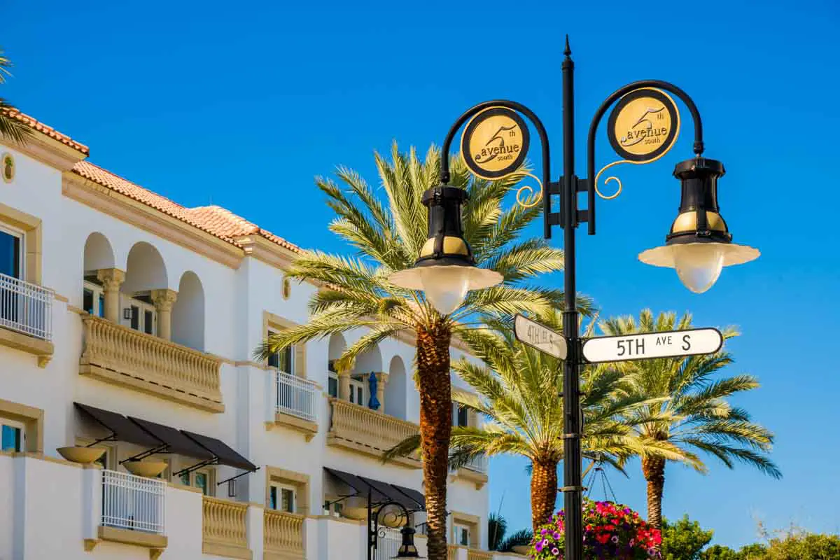Scenic Fifth Avenue cityscape in the popular downtown district in Naples, Florida, USA