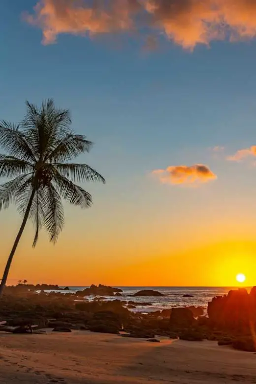 Sunset along the volcanic rock beach of Corcovado National Park in Costa Rica, Central America