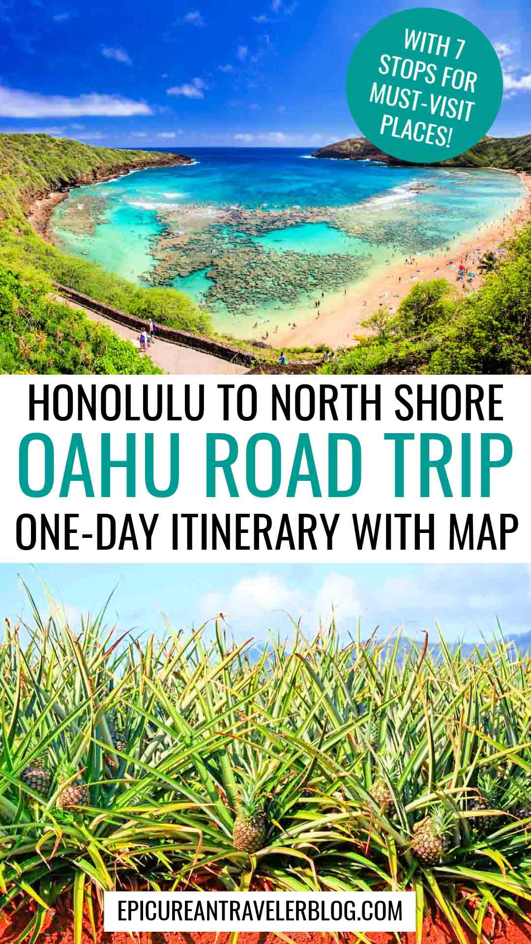 Oahu road trip: One-day itinerary from Honolulu to North Shore with map to 7 stops including Hanauma Bay and Dole Plantation (as pictured here)