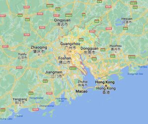 Google map screenshot of Guangzhou in China's Pearl River Delta along with Hong Kong and Macau