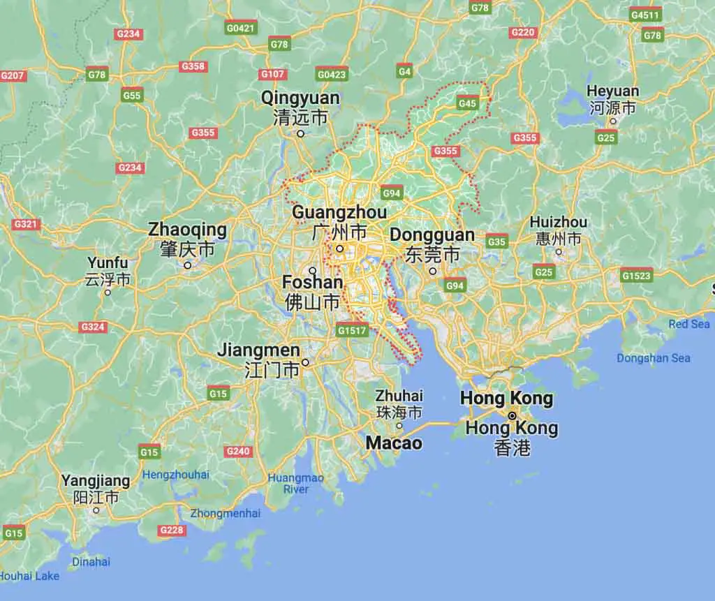 Google map screenshot of Guangzhou in China's Pearl River Delta along with Hong Kong and Macau