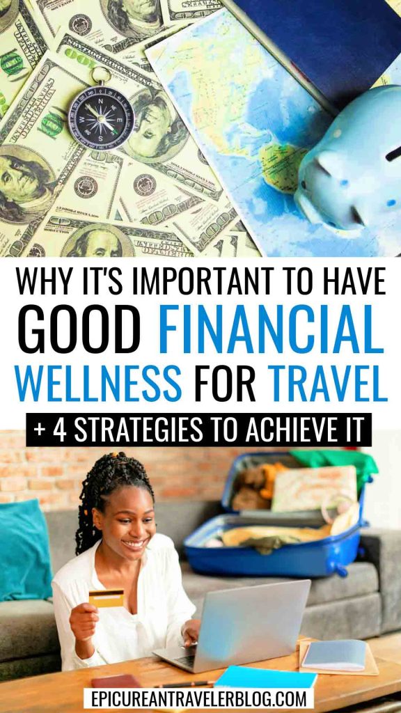 Why it's important to have good financial wellness for travel with four strategies to achieve it featuring image of American $100 bills with map, passport, and piggy bank and a woman booking a trip with a travel credit card on a laptop with her packed suitcase in the background