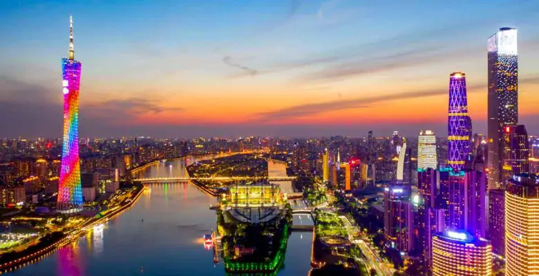 Aerial photo of CBD buildings along the central axis of Guangzhou, China