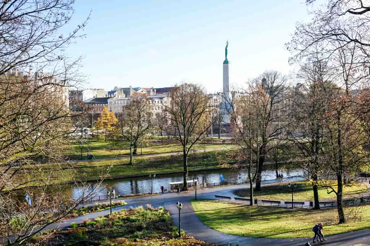 Overview of Bastejkalna Park on the eastern edge of Old Town in Riga, Latvia